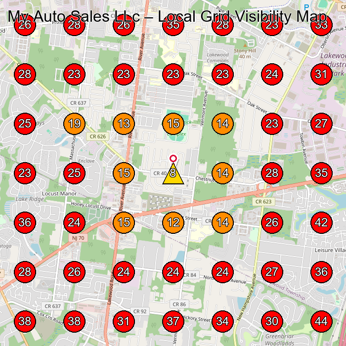 My Auto Sales LLc GeoGrid visibility map for Used Car Dealer in Lakewood